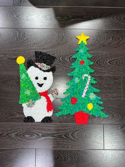 Vintage Melted Plastic Popcorn Christmas Tree & Snowman Decor 24" set of 2