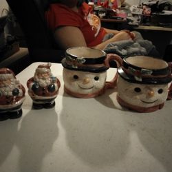 Set Of Snowman Mugs And Santa Salt And Pepper Shakers