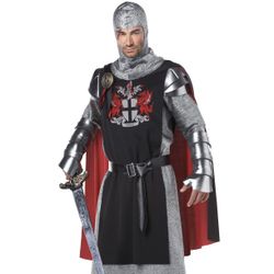 Knight Costume with Red Cape and Silver Armor
