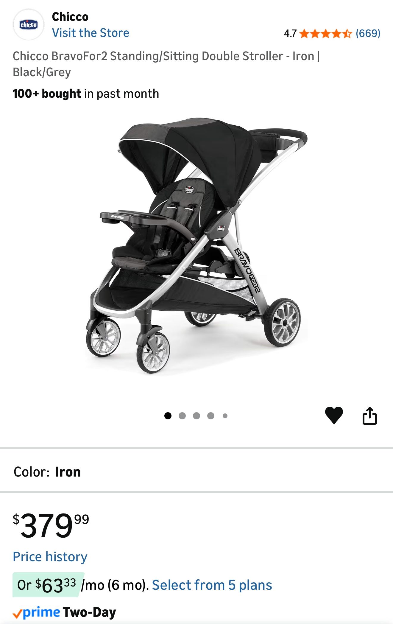 Chicco BravoFor2 Standing/Sitting Double Stroller - Iron | Black/Grey