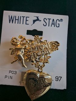 Brooch /Pin Someone Special with Heart Locket Gold Tone Cupid Someone Special