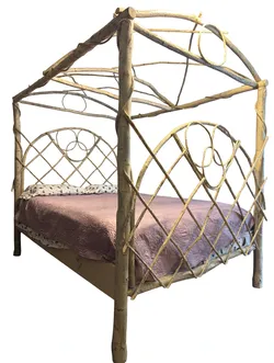 Queen Rustic Twig Canopy Bed — Whitewashed Branch Frame, Nearly 7 ft Tall