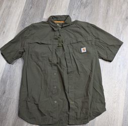 Carhartt Mens Large Olive Green Button Up Work Shirt Relaxed Fit Short Sleeve