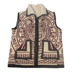 Rare Vintage Artesian Handmade Aztec Calendar & Warrior Sherpa Lined Vest Unisex OS
