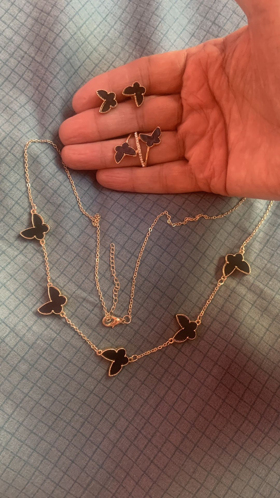 Beautiful Black Butterflies With Gold Necklace , Small Earrings And Ring.
