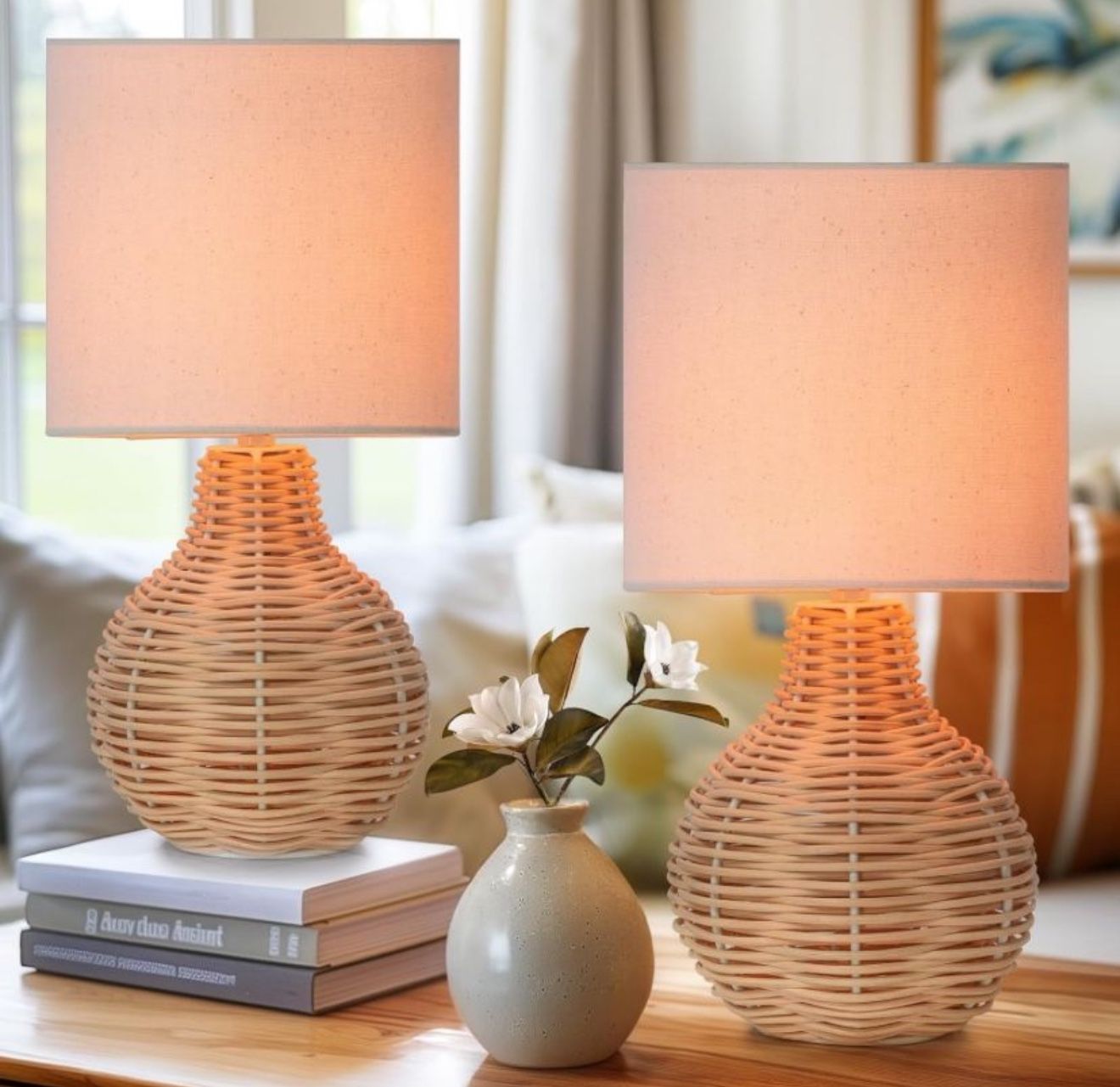 Set of 2 Small Boho Rattan Woven End Table Lamps ,