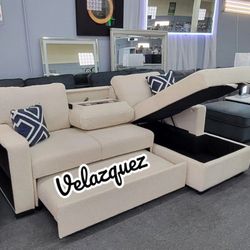 ✅️✅️2 pc Beige boucle fabric sectional sofa with pop up sleep area and storage chaise drop down tray table wireless charging✅️✅️