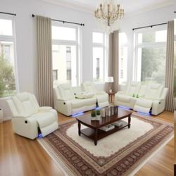 White Breathing Leather 3 piece power reclining set with underfloor accent lighting
