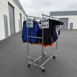 LOT of Premium Golf Polos, Shorts, Pants, Sweatshirts, Jackets + Clothing Rack