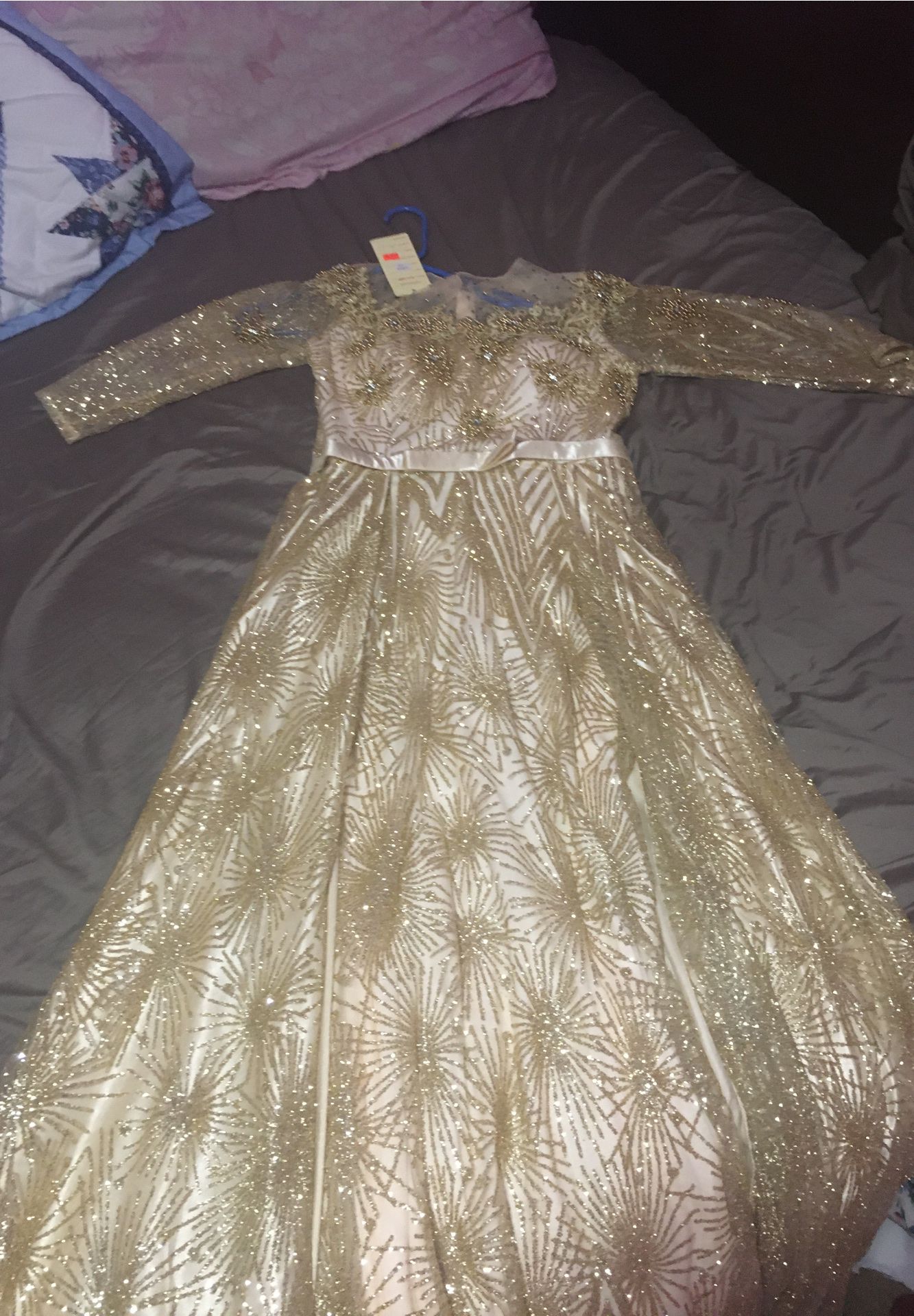 Gold long sparkling dress for weddings and events.