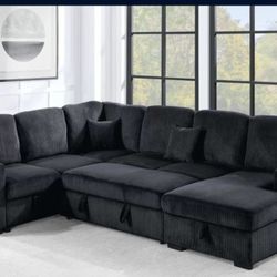 ✅️✅️4 pc Black corduroy fabric sectional sofa with storage chaise and love seat and pop up sleep area in center USB charging✅️✅️✅️