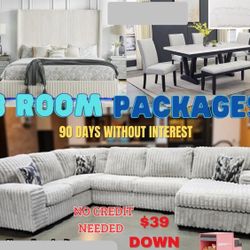 NEW 3 ROOM PACKAGE DEAL- BED MATTRESS DINING ROOM SECTIONAL SOFA AND MORE 