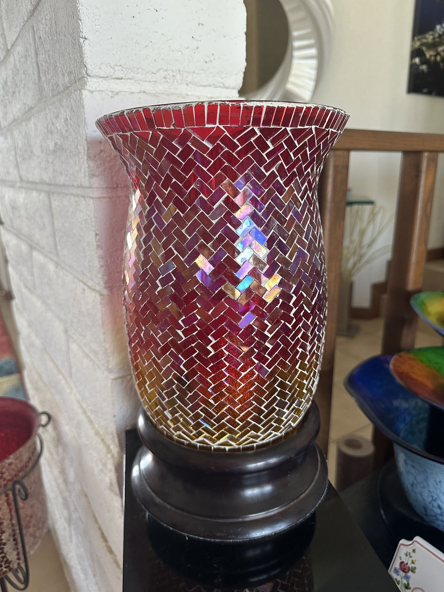 Red & Gold Mosaic Candle Holder With Wood Base