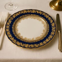 Théo Haviland Limoges Antique 1900s 6 Dinner Plates Gilt Cobalt Scroll Floral, 10”