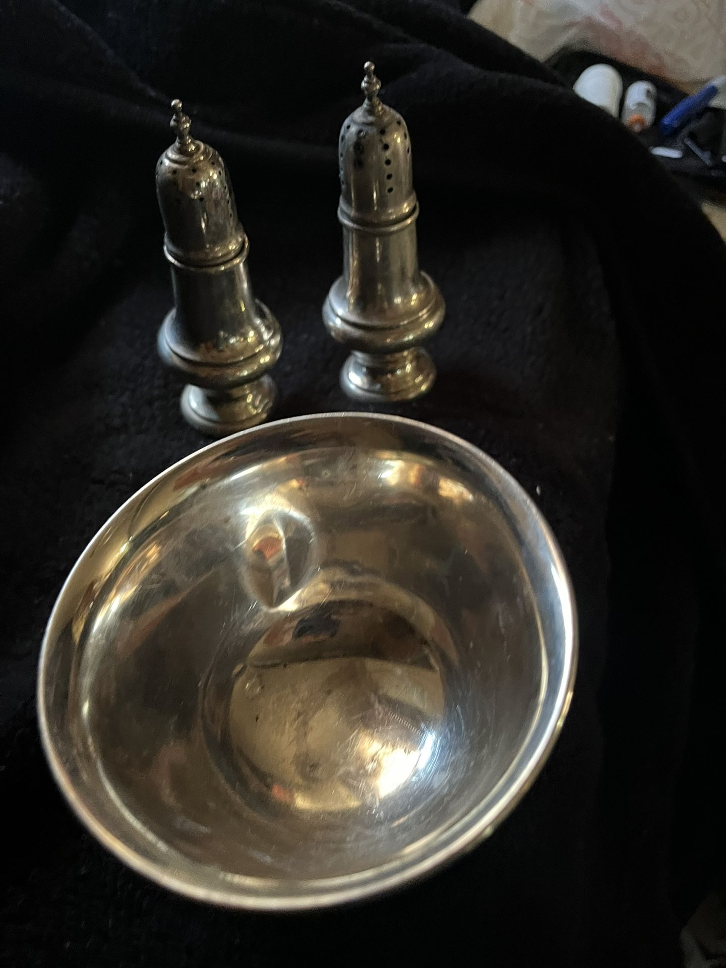Sterling Silver Salt And Pepper Shakers And Small Bowl