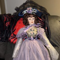 Porcelain Victorian Style Doll – Floral Dress – Decorative Collector Doll