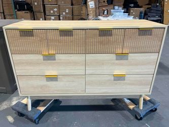 New Wood Color 8-Drawer Dresser - Striped Surface And Gold Handles