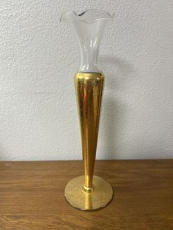 VINTAGE GLASS HOLLYWOOD REGENCY 24K GOLD FLORAL BUD VASE WITH CRIMPED TOP 8"