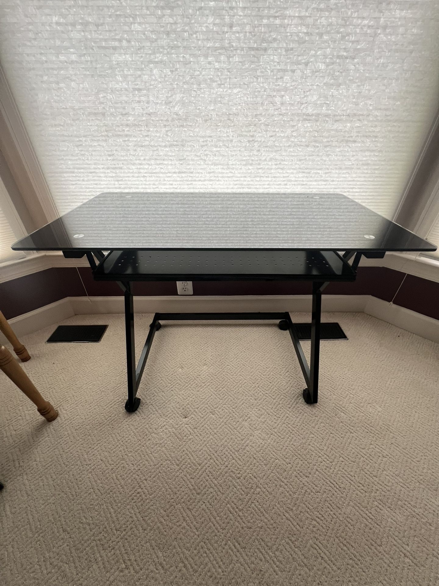 Desk With Glass Top On Wheels, Steel Keyboard Tray, Metal Frame.