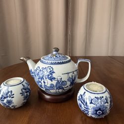 Vintage Blue and White Porcelain Teapot and Candle Holder Set