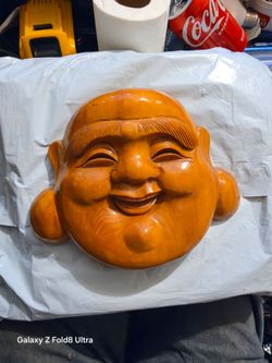 Hand-Carved Wooden Laughing Buddha Face