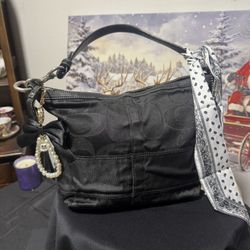 COACH Black Signature Striped Lurex Stud Tote Leather 