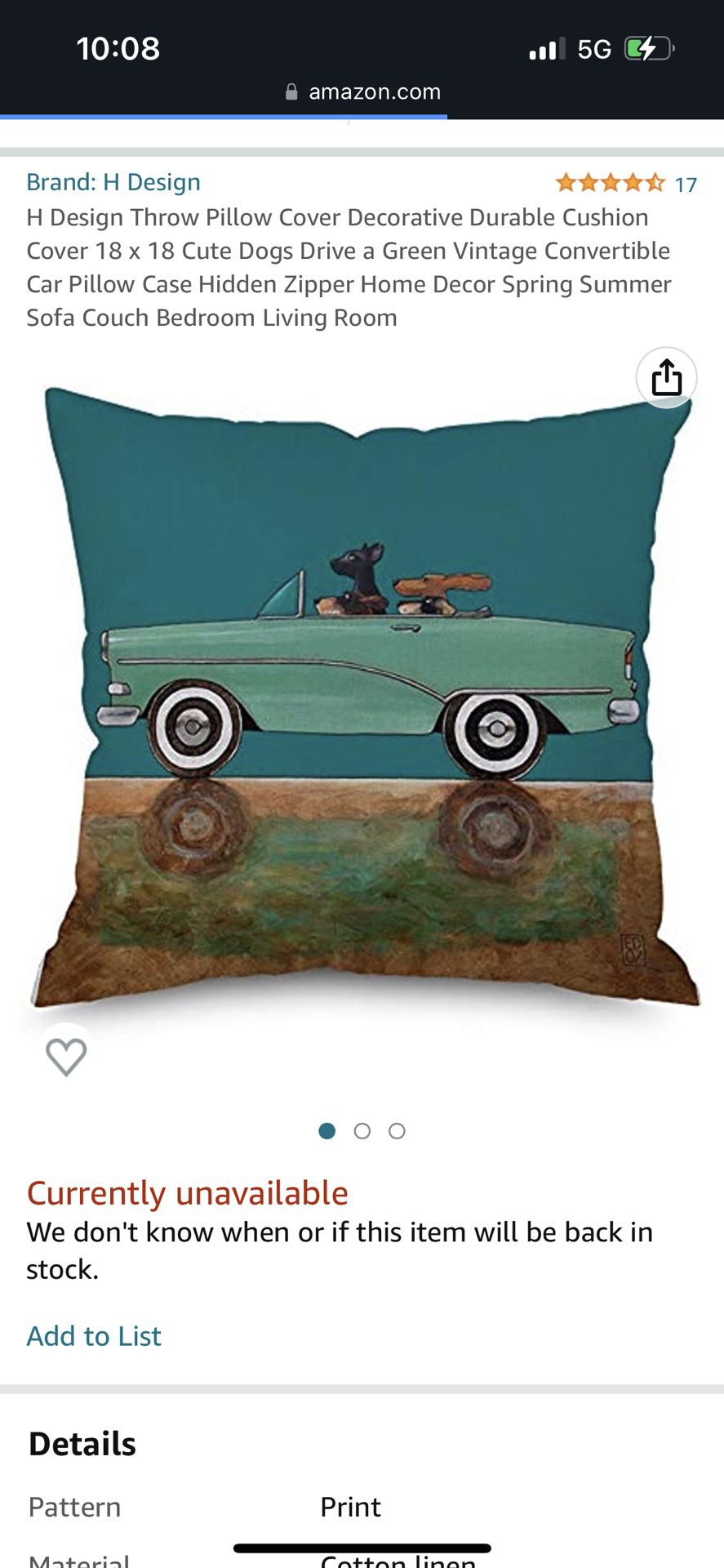 H Design Throw Pillow Cover Decorative Durable Cushion Cover 18 x 18 Cute Dogs Drive a Green Vintage Convertible Car Pillow Case Hidden Zipper Home De