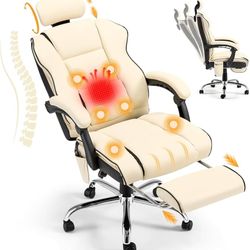  6-Point Massage Office Chair with Heat, 135° Reclining Executive Office Chair with Adjustable Headrest, Ergonomic Computer Chair with Footrest, Beige