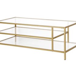 46 in. Brass Rectangle Glass Coffee Table w Glass Shelves 