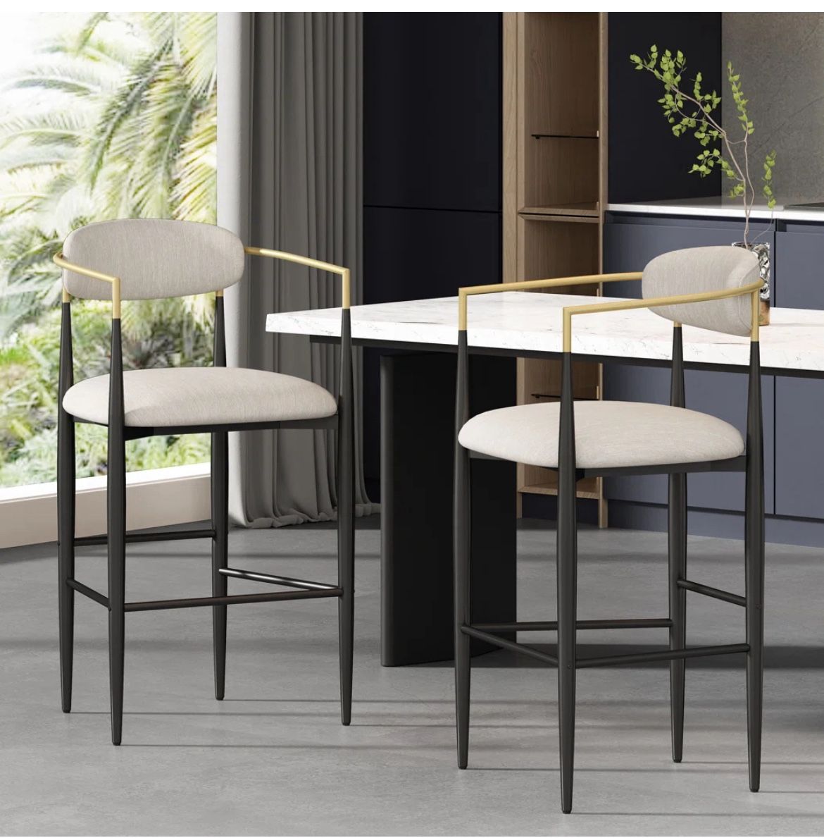 Wade Logan Amen Upholstered Bar Stools - Beige Boucle Fabric Black Legs - New In Box - Set Of 2