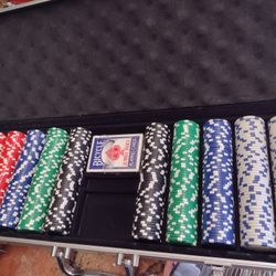 poker chips and card set with metal case. missing some chips and cards
