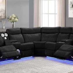 Black Recliner Sectional With LED Lights 