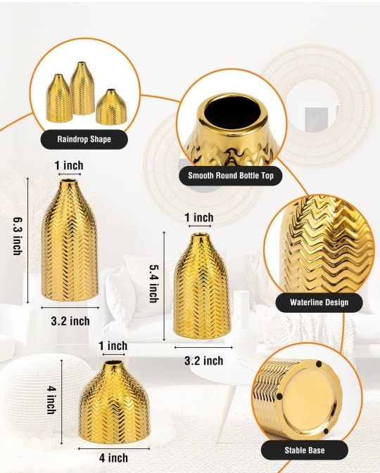 (new inbox)Gold Vase Set of 3, Ceramic Small Vases Decor for Flowers