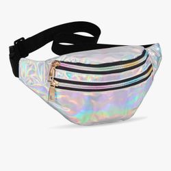 Holographic Fanny Packs for Women Cute Waist Packs Shiny Waist Bum Bag Waterproof for Travel Party Festival Running Hiking All Silver