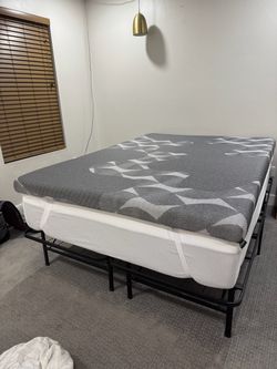 Queen mattress, topper, and bed frame