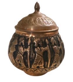 Antique Handmade Persian Middle East Turkish Tin Jar Box Metal Copper Engraved