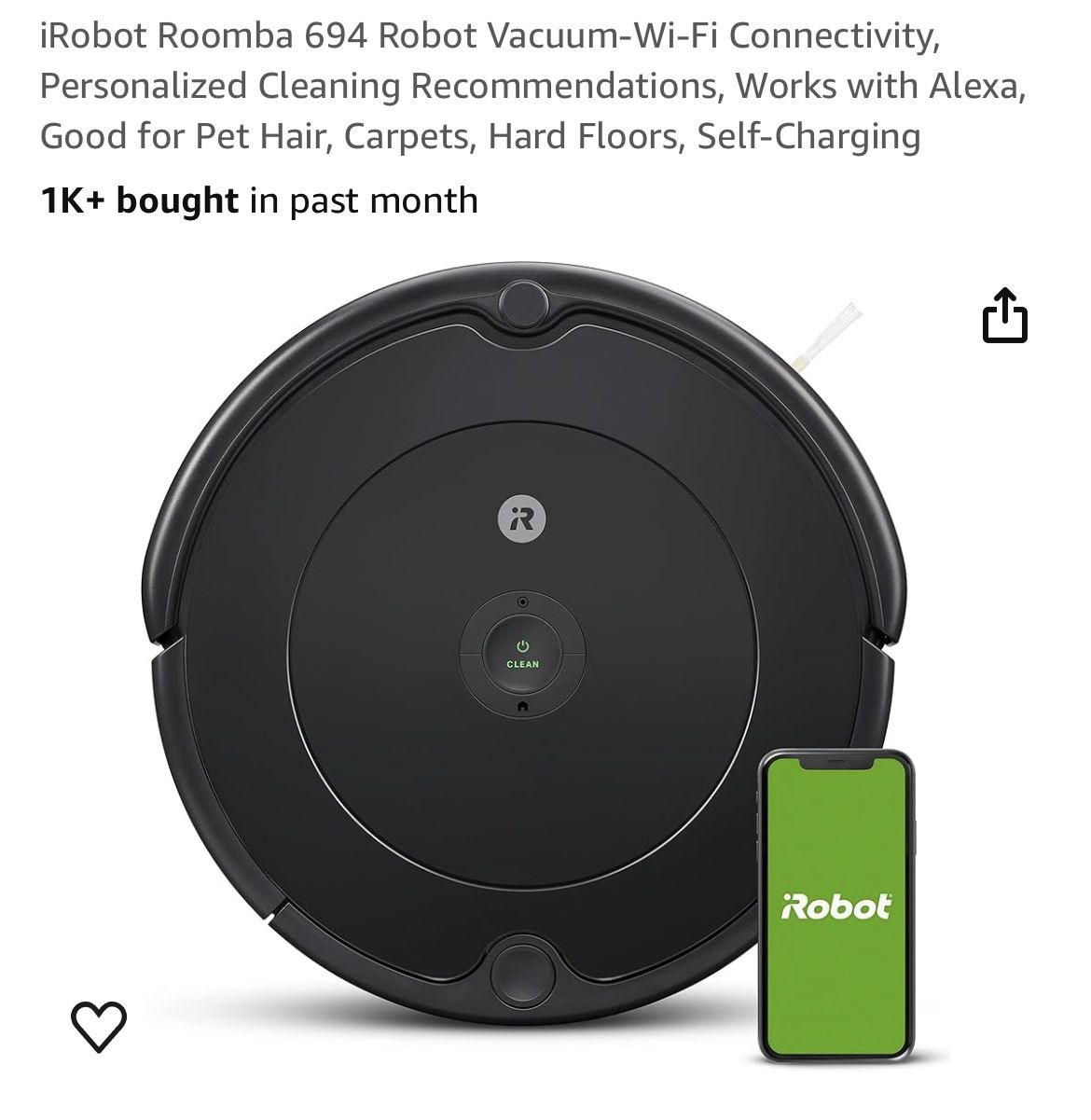 iRobot Roomba 694 Robot Vacuum-Wi-Fi Connectivity, Personalized Cleaning Recommendations, Works with Alexa, Good for Pet Hair, Carpets, Hard Floors, S