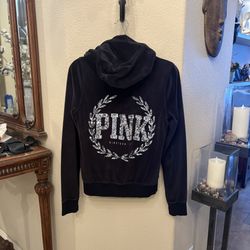 PINK Victoria’s Secret Sequin Embellished Black Velour Zip Hoodie Jacket-Medium