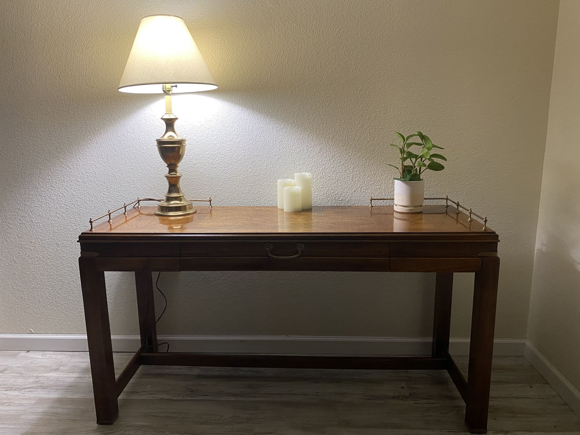 Mid-Century Lane Campaign Console Desk – Burl Walnut & Brass Gallery