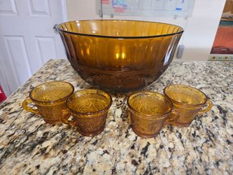 Indiana Tierra AMBER Sandwich PUNCH BOWL and 4 CUPS