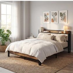 Oueen Bed Frame w/ Storage Headboard & Charging Station - New