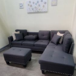 ✅️✅️3 pc charcoal linen like fabric sectional sofa drop down cup holder chaise and ottoman nail head trim ✅️