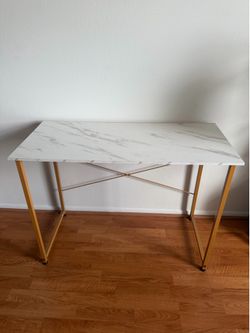 Rectangular Home Office Desk Modern Faux Marble Top and Brass Frame