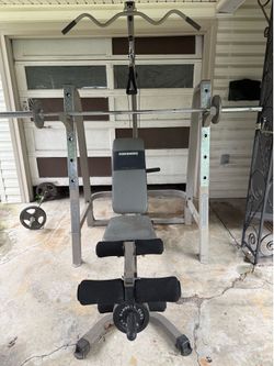 Bench press with 45lb bar and pull up/dip section
