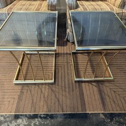 2 Vintage MCM Rectangular Side Tables With Smoked Glass