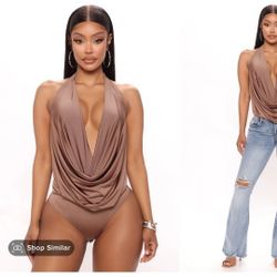 FashionNova Jazmyn Cowl Neck Bodysuit - Mocha - M