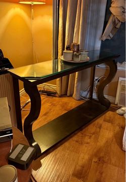 Glass Top Console Table with Dark Wood Base