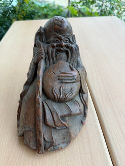 Vintage Hand-Carved Bamboo Root Shou Xing / Longevity Figurine (Folk Art Decor)
