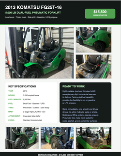 Like New 2013 Komatsu FG25T - 16 Forklift Gas/LP fuel System -