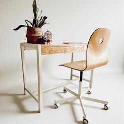 Solid wood Desk & Chair Whitewash Natural Neutral Adjustable Modern Chair on Wheels 